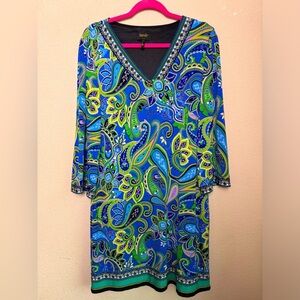 Laundry By Shelli Segal Blue & Green Paisley 3/4 Sleeve Sheath Shift Dress L